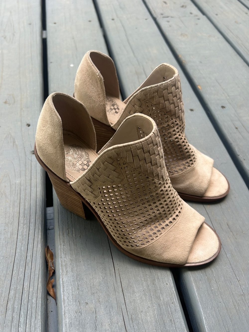 Vince Camuto Beige Suede Open-Toe Woven Block Heel Booties